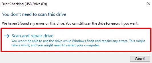 Click tùy chọn Scan and repair drive để tiếp tục.