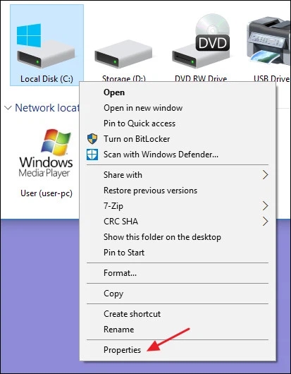 Khởi chạy File Explorer, click chuột phải vào ổ đĩa bị lỗi và chọn Properties.