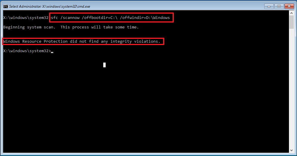 Tiếp theo, nhập lệnh: sfc / scannow / offbootdir = C: / offwindir = D: Windows