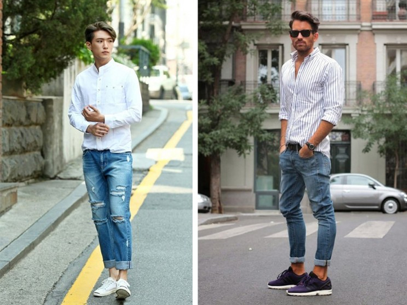 Quần nam rách gối phối cùng áo sơ mi là sự kết hợp độc đáo mà bạn nên thử.
