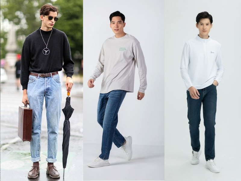 Jeans xanh bạc kết hợp áo thun tay dài